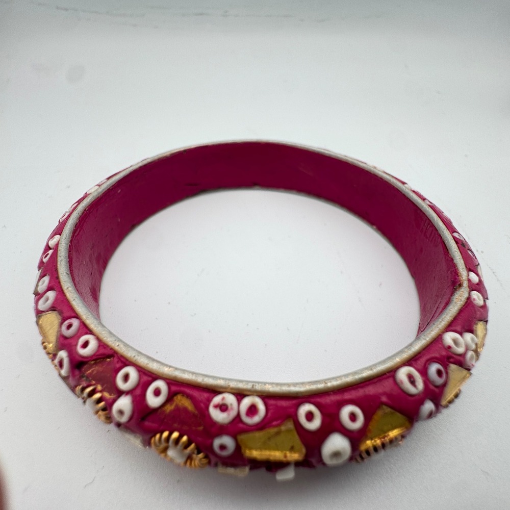 Pink Lacquer Bangle Bracelet Indian Mosaic Mirror Seed‎ Bead Boho Ethnic 8.5in